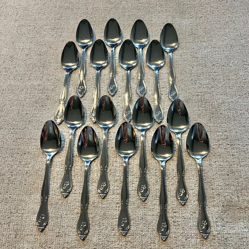 Vtg Custom Craft Stainless Monogrammed P Flatware Set Case Napkin Rings 79 pc